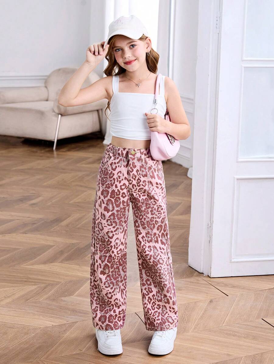 SHEIN 少女Y2K豹纹直筒牛仔裤 - 彩色 - 查看 1
