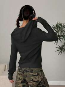 SHEIN Unity Women Retro Casual Lightweight Star Embroidery Fitted Comfortable Versatile Gray Long Sleeve Hoodie Sweatshirt Jacket, Spring/Summer