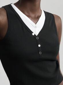 Ontre 2025 Spring & Summer Women's Sleeveless Solid Color Minimalist Fashion Suit For Business, Casual, Daily Commute, Black Color Cropped Top, Stitching Top Tank Top, Black And White Stitching Top - Black and White - View 5