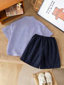 2pcs/Set Young Boys Comfortable Casual Loose Fit Korean Fashion Stylish Striped Shirt And Contrast Color Shorts Set, Suitable For Daily Wear, Sports, Outing, School, Parties, Festivals, Photoshoot, Back To School Season, Spring/Summer