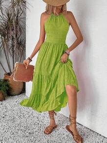 Breezaya Women's Casual Tie-Back Ruched Hem Long Dress Maxi Vacation Beach Outfit