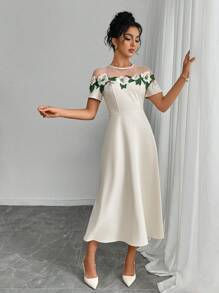 INAWLY Women's Round Neck Short Sleeve Embroidered Floral Mesh Patchwork Floral Long Dress, Elegant - Apricot - View 1