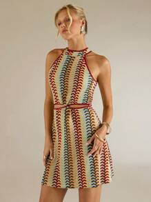 Avantive New Summer V-Neck Backless Sleeveless Striped Dress For Women, Vacation Style - Blue - View 3