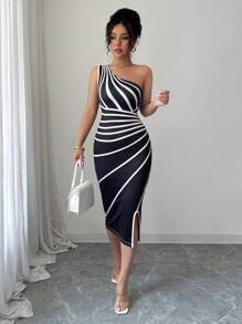 Elenzga Women Striped Asymmetrical Collar Open Slit Bodycon Dress - Black - View 4