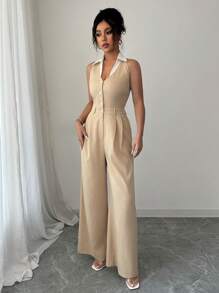 SHEIN Unity Women's Commuting Color-Block Shirt Collar Button-Up Long Jumpsuit - Khaki - View 6