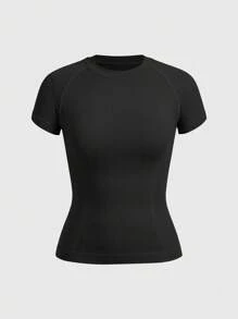 Easithlete 3 piezas Camiseta deportiva de manga corta, cuello redondo, unicolor, ajustada a la piel, sin costuras, adecuada para entrenamiento de verano, parte superior de yoga, camiseta ajustada, camisetas de gimnasio para mujeres - Multicolor - Ver 8