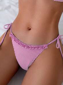 SHEIN Swim Women's Summer Beach Striped Ruffled Pink Bikini Bottom - Purple - View 1