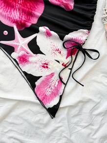 SHEIN Teen Girls Black Knitted Flower And Shell Print Halterneck Gathered Asymmetrical Hem,Floral Print Halter Tie Front Ruched Casual Dress, Minimalist Fashion Suitable For Summer,Summer Clothes,Sun Dress,Vacation Dress