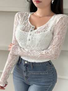 Dazy Plus Plus Size Half-Open Collar Lace Sheer Cropped Blouse For Women, Summer Long Sleeve Women Tops - White - View 7