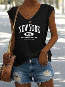 SHEIN LUNE 加大码心形和“纽约”印花宽松无袖女式背心，适合夏季