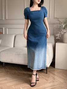 DAZY فستان جينز مربع الرقبة مخصر مموج عصري مزين بشراريب مناسب للنساء لفصل الصيف والعطلات - الأزرق - مشاهدة 4