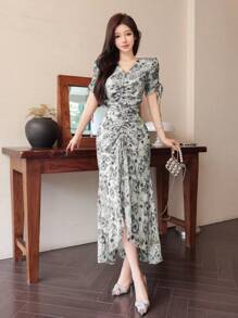 Modelyn Đầm midi thanh lịch, cổ chữ V buộc eo, chất liệu chiffon họa tiết hoa nhỏ xinh cho nữ - trắng - Xem 7