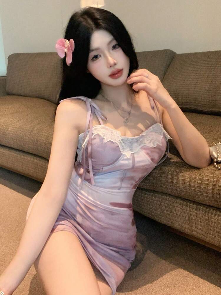 Summer Hollow Lace Bodycon Sexy Beach Vacation Floral Print Spaghetti Strap Tie-Dye Mini Dress For Women Cocktail Dress