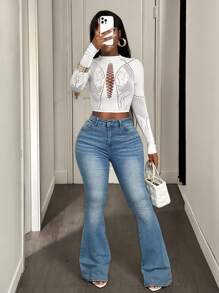 BamGleam Áo thun bó sát tay dài lưới hở vai cho nữ, gợi cảm và vừa vặn - trắng - Xem 5