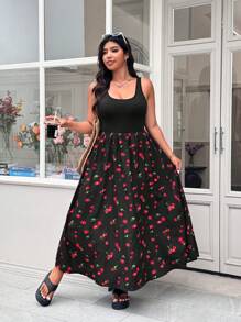 SHEIN EZwear Plus Size Cherry Print Adjustable Strap Waist Cinched Waist Dress,Vacation - Multicolor - View 3