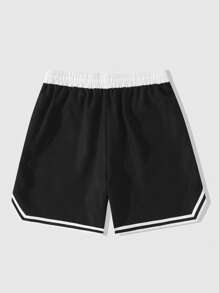 ROMWE MEN Prep Pantalones cortos de verano casuales para hombres con cintura con cordón y ribete a rayas de color contrastante - Negro - Ver 2