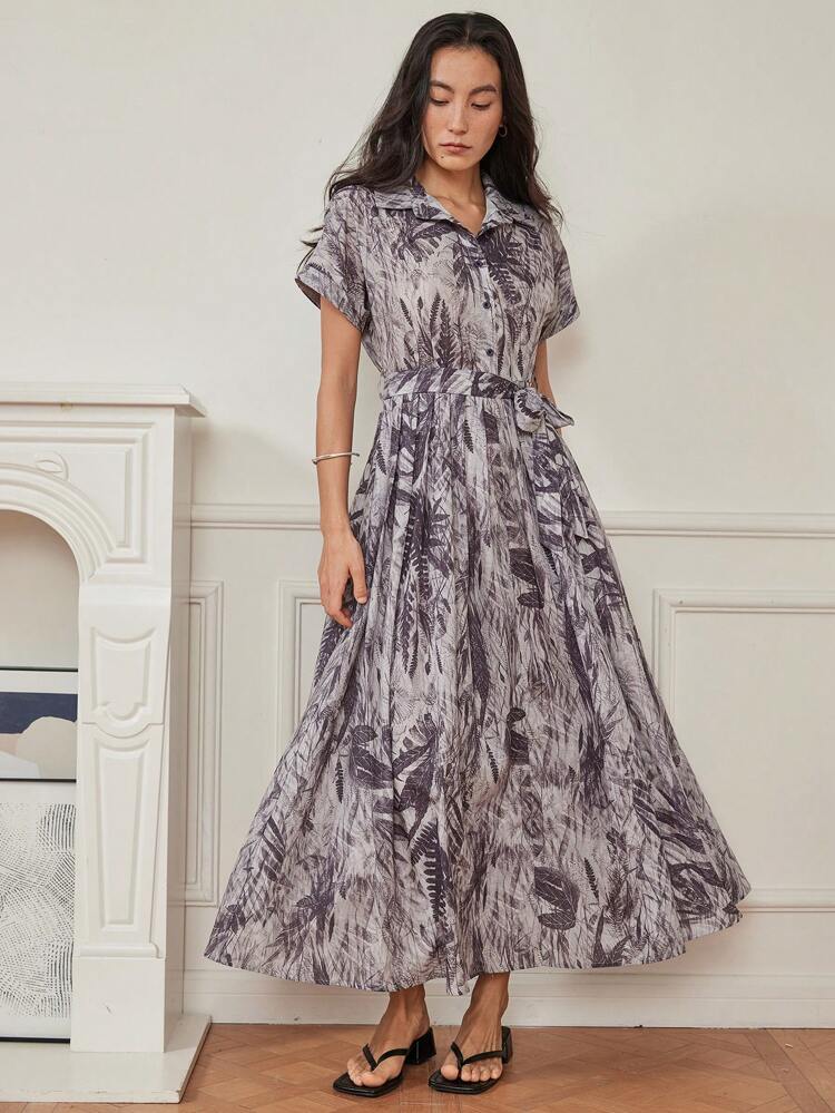 Women's Summer Casual Floral Leaf Print Waist Belt Vacation Beach Bohemian Style Long Dress, Teacher Outfits Dress