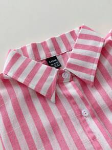 Elamini 条纹短款宽松翻领短袖女式衬衫 - 玫紅色 - 查看 7