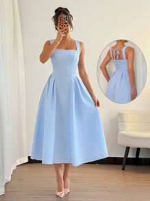 Modelyn Blue Textured Square Neck Cinched Waist A-Line Dress - Blue - View 1