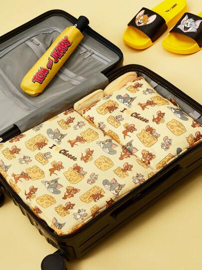 TOM & JERRY X SHEIN 3 件装可爱卡通猫和老鼠图案印花涤纶旅行收纳袋，网面，分类收纳，适合各种包包尺寸，适合短途旅行、长途旅行、日常家庭收纳等各种场景，适合男孩、女孩、男士、女士和学生，奶酪