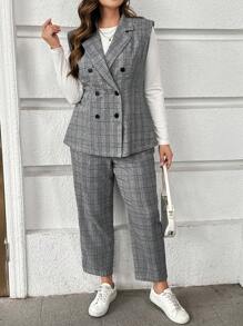 SHEIN Essnce Conjunto de dos piezas de traje casual de cuadros grises para mujer de talla grande, que incluye chaleco y pantalones, para otoño e invierno. Conjunto de ropa a juego para mujer de negocios, ropa de trabajo, atuendos de otoño e invierno, ropa de maestra, estilo "old money", conjunto de pantalones, gris, ropa de oficina. - Azul - Ver 6