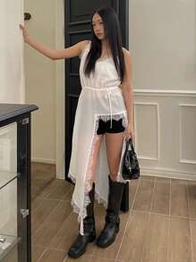 DAZY Áo ba lỗ dài ren tương phản màu trơn không đối xứng cho nữ, thích hợp để mặc nhiều lớp vào mùa xuân và mùa hè - trắng - Xem 7