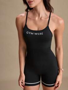 Easify SHEIN Sport 1pc Moisture-Wicking Cross Strap Romper Shorts With Color Blocking, Seamless Basic Sportswear For Fitness & Yoga