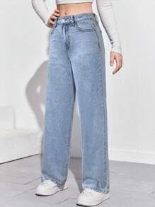 SHEIN Teen Girls' Casual Washed High Waisted Straight Leg Jeans