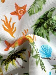 Swim Mod 女士满版印花荷叶边吊带文胸和三角裤，适合夏季、海滩和度假 - 紅色 - 查看 7