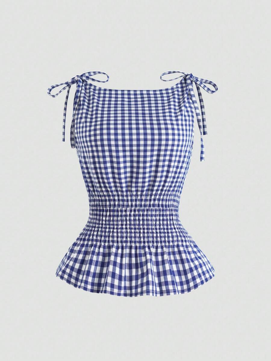 Sweetra Women's Spring & Summer Elegant Plaid Crisscross Shoulder Tie Waist Fitted Slim Casual Commute Versatile Camisole - Blue and White - View 1