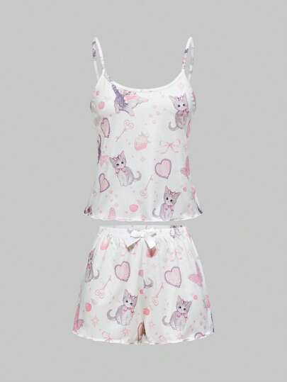 Kawaii Kawaii Cat & Strawberry Print Comfy Sleepwear Sets, Women Summer Casual Pajama