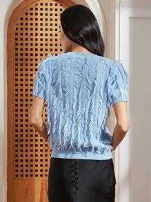 Dazy-Less Top tricoté élégant à manches courtes avec décorations à franges, style décontracté chic, pour l'été, pour les enseignantes - Bleu azur - Voir 4