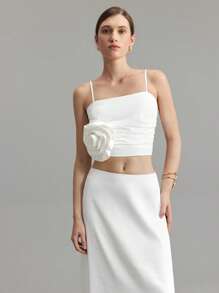 Ontre 2025 Nieuwe dames mouwloze bustiertop, witte linnenmix bloemenapplicatie croptop, bruiloftsfeeststijl casual dagelijkse kleding