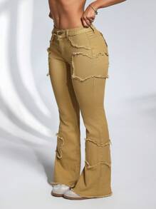 SHEIN ICON Women's Simple Front Button Pocket Frayed Hem Casual Jeans, Everyday Wear
