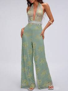 SHEIN Unity 蕾丝花卉刺绣吊带性感露背连体裤 - 綠色 - 查看 6