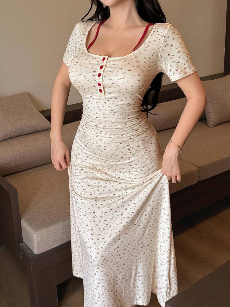 Ditsy Floral Contrast Color Waistline Long Nightgown For Women Pajama