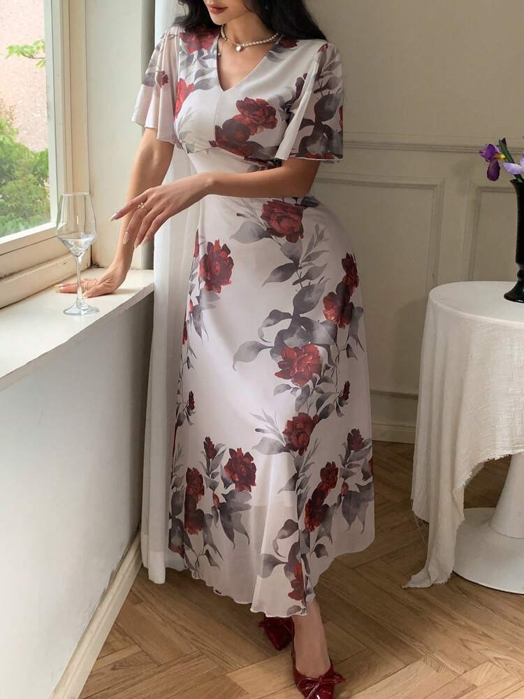 Women's Summer Print V-Neck Ruffle Sleeve Waist Cinched Mid-Length Dress Floral