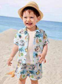 SEALOOK X SHEIN Bộ quần áo thun polo cổ bẻ màu xanh mát mẻ và quần short họa tiết hải cẩu và cây dừa cho bé trai mùa hè - Màu xanh lam - Xem 1