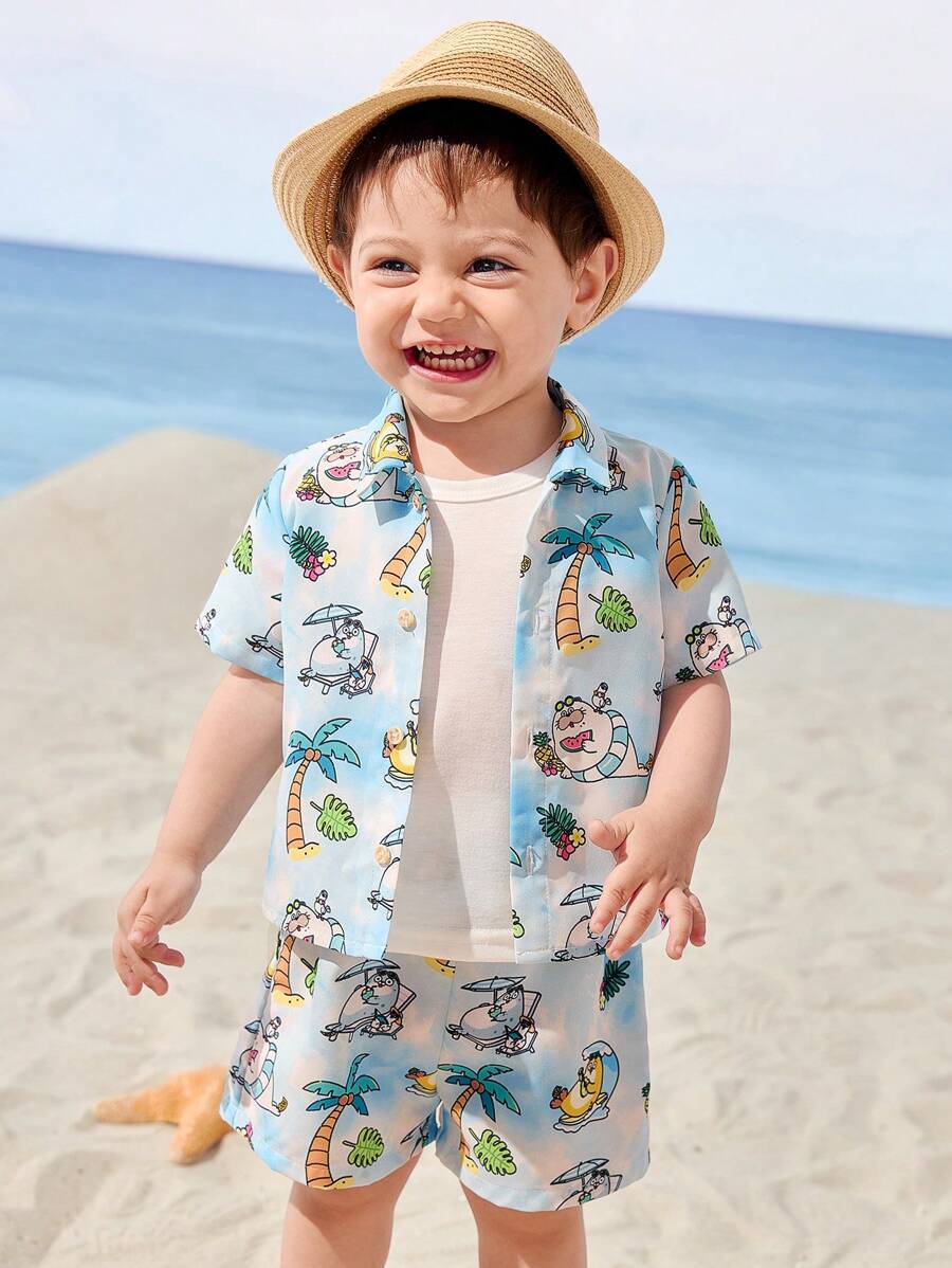 SEALOOK X SHEIN Bộ quần áo thun polo cổ bẻ màu xanh mát mẻ và quần short họa tiết hải cẩu và cây dừa cho bé trai mùa hè - Màu xanh lam - Xem 1