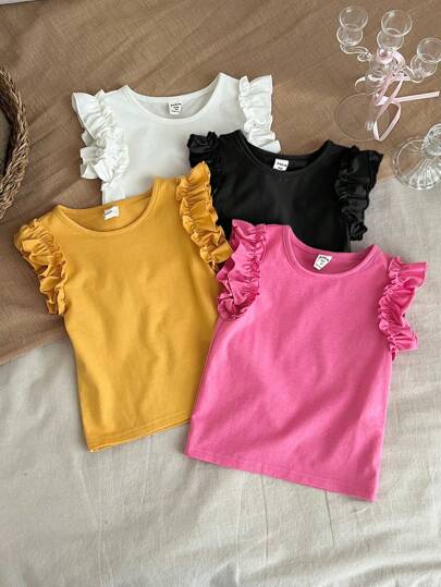 SHEIN LMoss Kids 4件套少女纯色圆领荷叶边下摆修身T恤