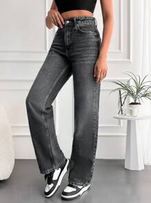 EURMUSE 100%Cotton Slant Pocket Solid Straight Leg Jeans - Dark Grey - View 3
