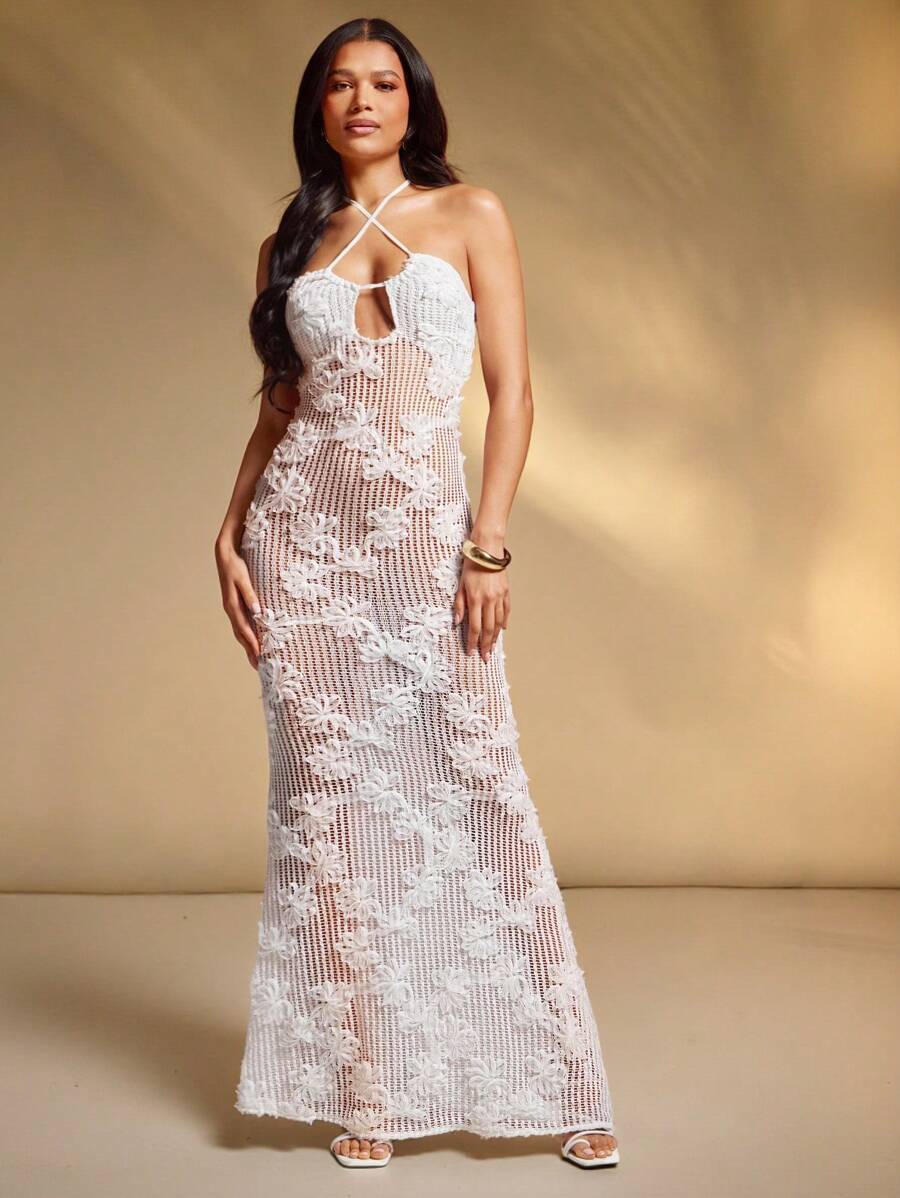 Hauture Women's Jacquard Hollow-Out Sexy Sheer Halter Backless Dress - White - View 1