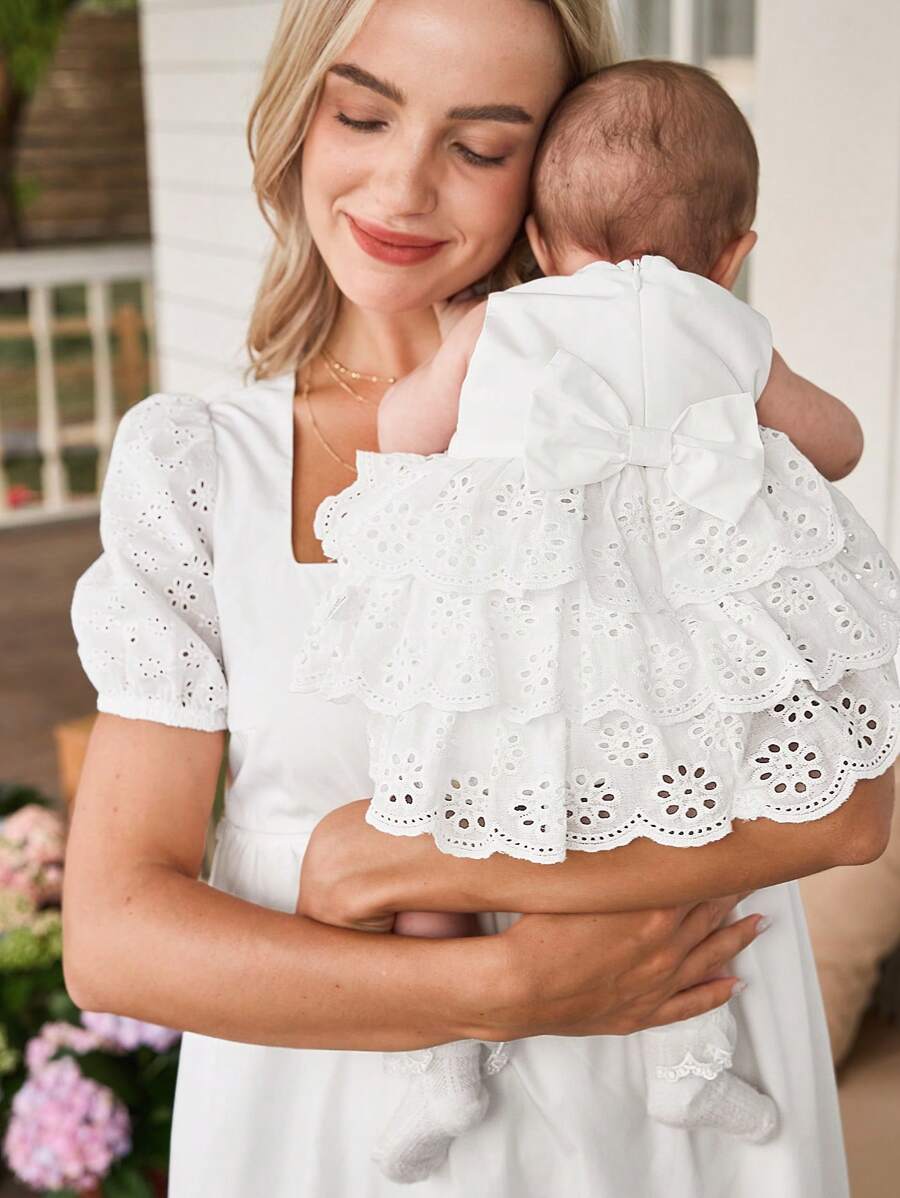 Newborn Baby Girl Cute White Embroidery Sleeveless Ruffle Hem Dress, Summer - White - View 1