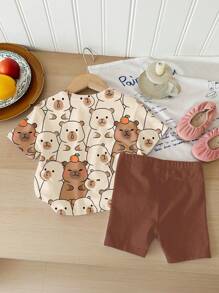 SHEIN Set de 2 piezas de camiseta de manga corta holgada y shorts con estampado de capibara lindo e informal para niñas, adecuado para verano
