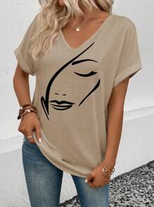 SHEIN Women's Face Print V-Neck Short Sleeve Casual Versatile T-Shirt, Summer - Apricot - View 4
