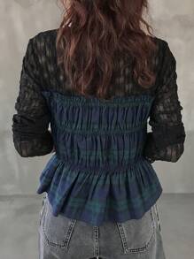 FRIFUL 女式网眼拼布修身透视上衣，夏季、秋季服装长袖女式上衣