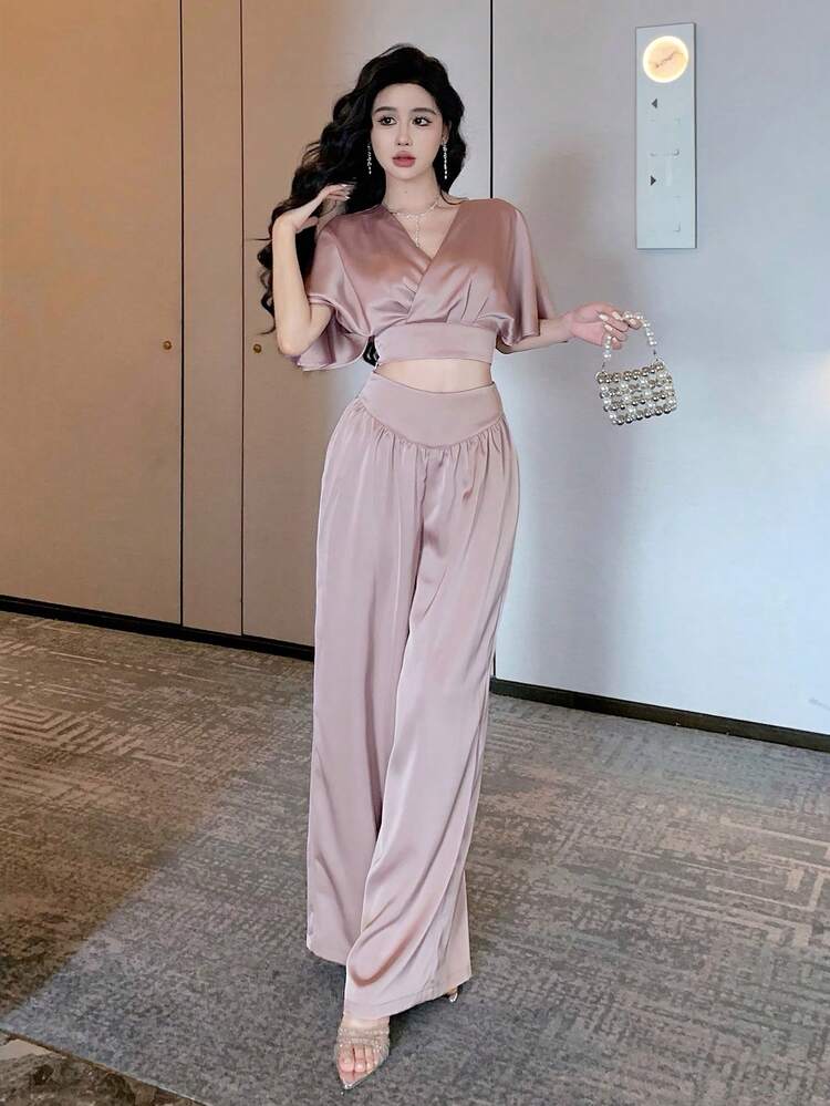 2pcs Women Summer Elegant Solid Color V-Neck Ruffle Sleeve Shirt And A-Line Skirt Set