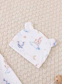 Set de 3 piezas de pijama informal y cómodo para recién nacidos con estampado de elefante, castillo, nubes y luna, de manga larga y pantalones - Multicolor - Ver 5