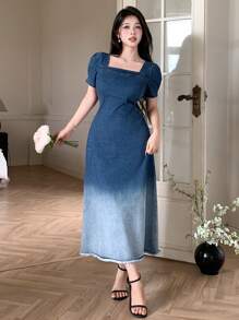 DAZY فستان جينز مربع الرقبة مخصر مموج عصري مزين بشراريب مناسب للنساء لفصل الصيف والعطلات - الأزرق - مشاهدة 6