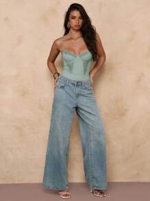 SHEIN BAE 睫毛蕾丝拼接紧身胸衣紧身衣吊带连体衣 - 薄荷綠 - 查看 3